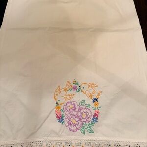 Embroidered White Pillowcase with Birds and Flowers
